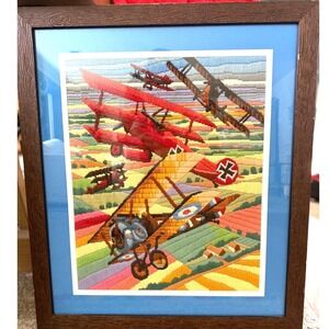 Vintage 1980s Aerial Circus Crewel Embroidery WWI Red Baron Fokker Triplane Art